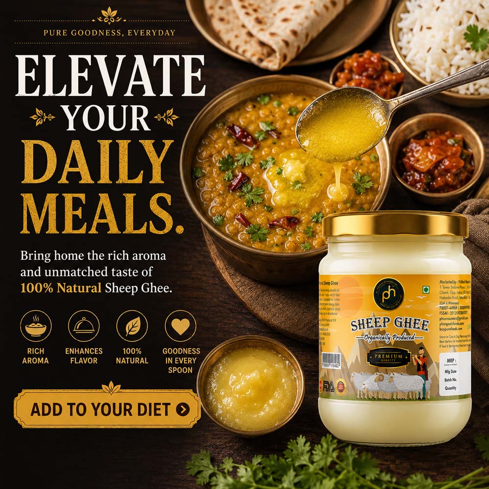 Sheep Ghee, Organic Sheep Ghee, Bilona Sheep Ghee, Buy Sheep Ghee Online India, 100% Natural Sheep Ghee, Pure Sheep Ghee 250ml, A2 Sheep Ghee, PH Organic Foods