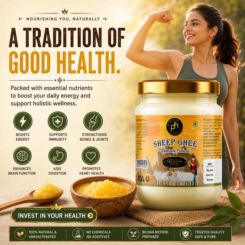 Sheep Ghee, Organic Sheep Ghee, Bilona Sheep Ghee, Buy Sheep Ghee Online India, 100% Natural Sheep Ghee, Pure Sheep Ghee 250ml, A2 Sheep Ghee, PH Organic Foods