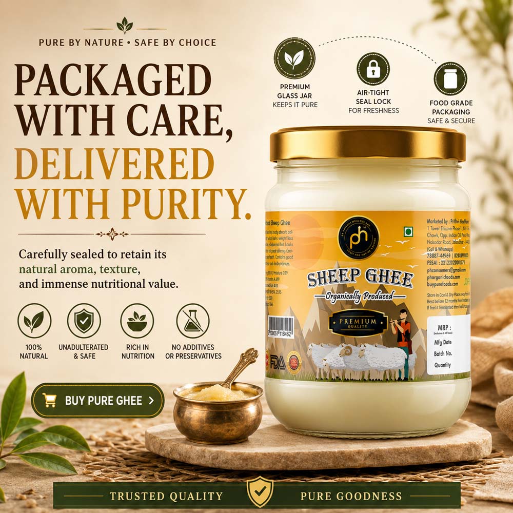 Sheep Ghee, Organic Sheep Ghee, Bilona Sheep Ghee, Buy Sheep Ghee Online India, 100% Natural Sheep Ghee, Pure Sheep Ghee 250ml, A2 Sheep Ghee, PH Organic Foods