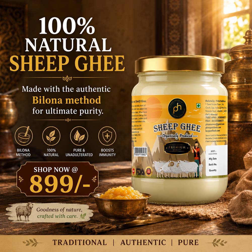 Sheep Ghee, Organic Sheep Ghee, Bilona Sheep Ghee, Buy Sheep Ghee Online India, 100% Natural Sheep Ghee, Pure Sheep Ghee 250ml, A2 Sheep Ghee, PH Organic Foods